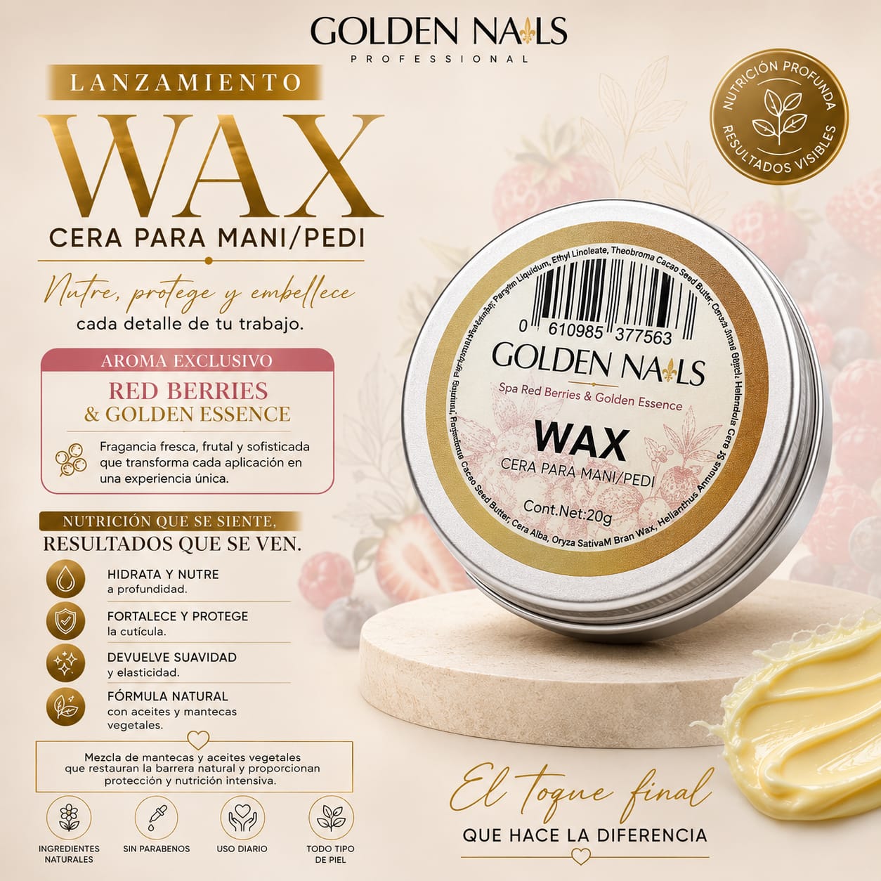 CERA PARA MANI / PEDI RED BERRY & GOLDEN ESSENCE 20GR