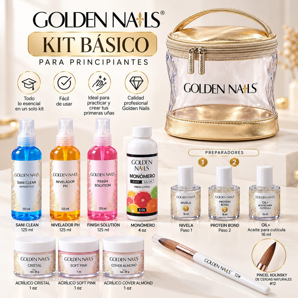 KIT BASICO PARA PRINCIPIANTES DE UÑAS ACRILICAS GOLDEN NAILS