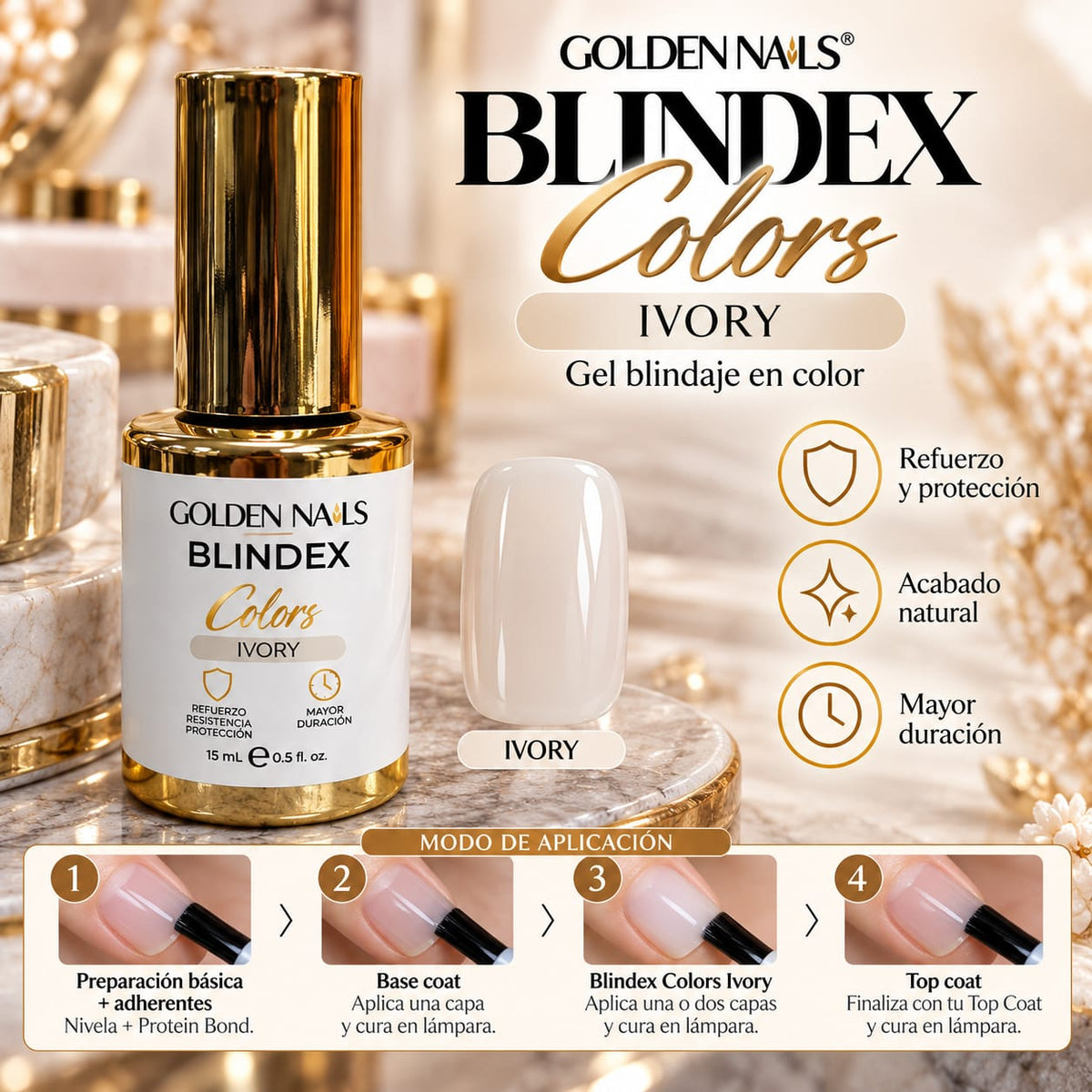 BLINDEX COLORS IVORY – GEL DE BLINDAJE EN COLOR 15 ML GOLDEN NAILS