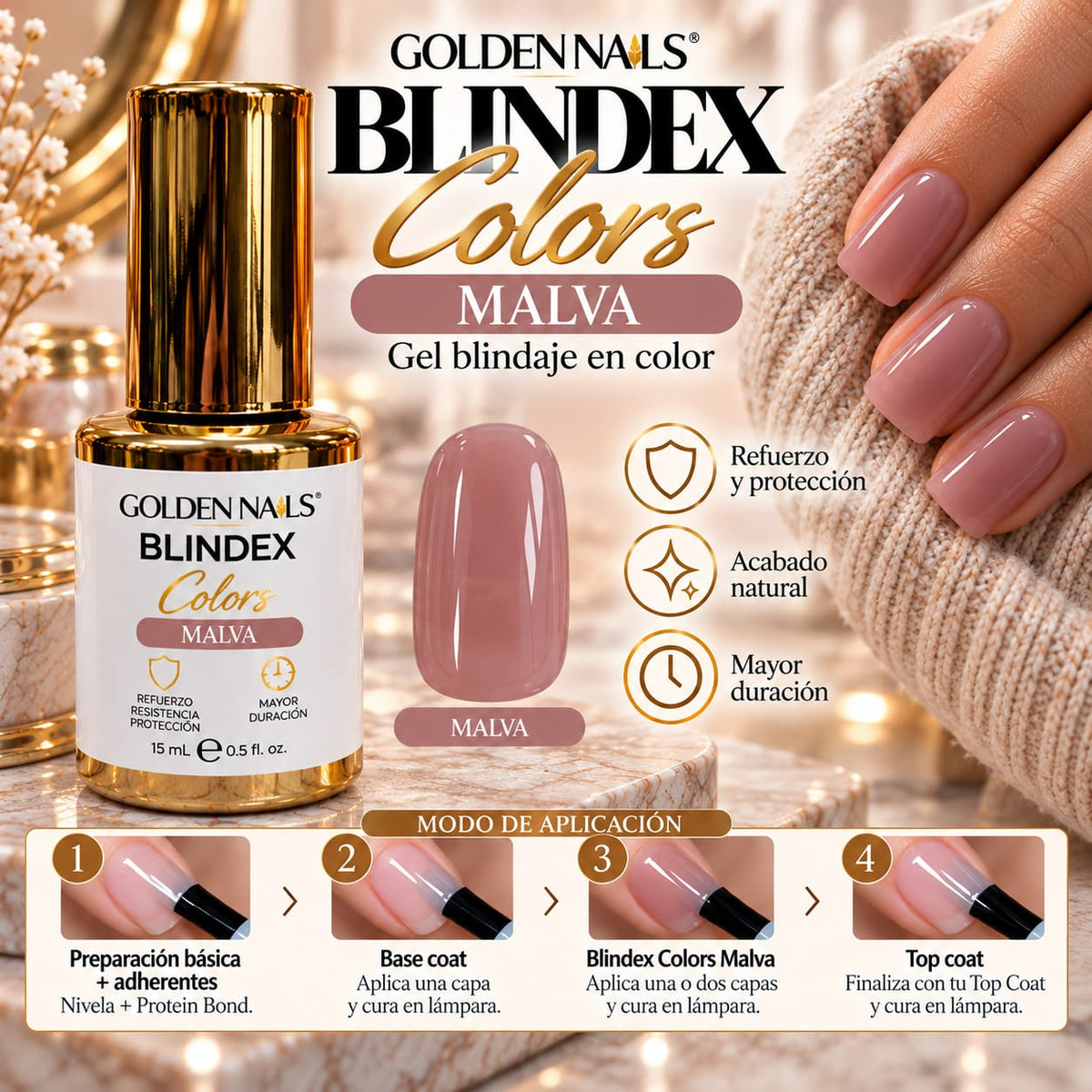 BLINDEX COLORS MALVA – GEL DE BLINDAJE EN COLOR 15 ML GOLDEN NAILS