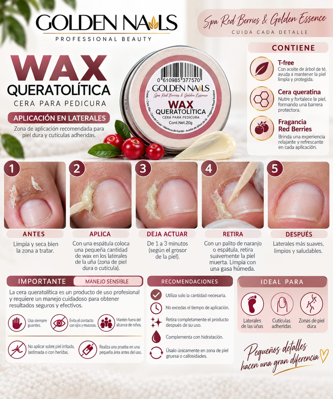 CERA QUERATOLITICA PARA PEDICURA SPA RED BERRY GOLDEN NAILS